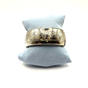 Floral Themed Bangle Bracelet with Safety Chain Silver Plated